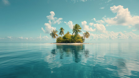 An island covered with palm trees stands in the middle of the vast ocean, surrounded by water under a clear sky.の素材