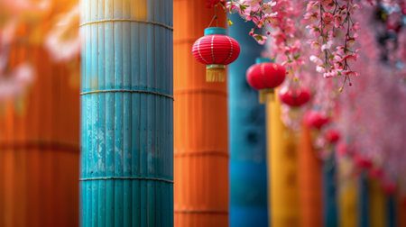 Various vibrant flowers dangle from a tree branch, creating a striking display of colors in nature.の素材