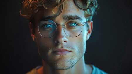 A man wearing glasses and a pink shirt standing outdoors.の素材