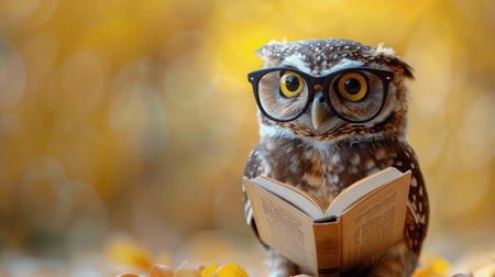 An owl with glasses on its beak, deeply engrossed in reading a book.の素材