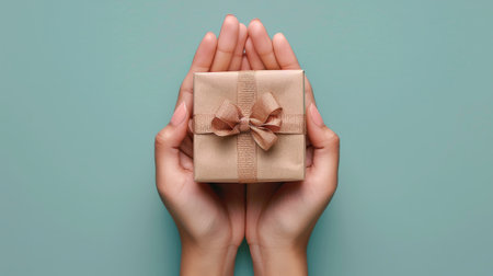 A pair of hands belonging to a woman are holding a gift box wrapped with a pink bow.の素材