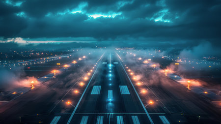 Grounded aircraft on an airport runway under a night sky filled with stars and passing aircraft.の素材