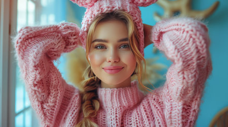 A woman wearing bunny ears sits on the floor.の素材