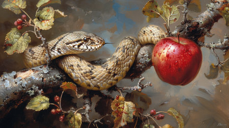 A snake is coiled around a tree branch, devouring an apple.の素材