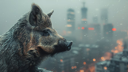 A wild boar stands overlooking a city at night, its eyes scanning the urban landscape below.の素材