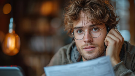 A man wearing glasses is actively engaged in a conversation on his cell phone.の素材