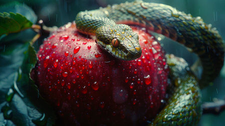 A snake is coiled around a tree branch, devouring an apple.の素材