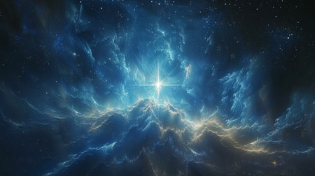 A bright star stands out in the vast blue sky, casting a radiant glow.の素材