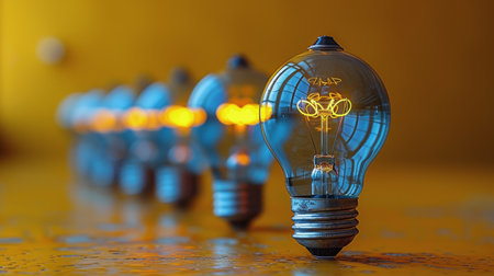 A light bulb is placed on top of a wooden table.の素材