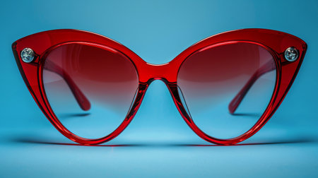A pair of red sunglasses laying on a bright blue background.の素材
