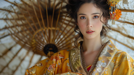 A woman in a traditional kimono holding a parasol outdoors.の素材
