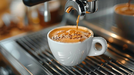 Fresh black coffee being poured from a cup into a coffee machine for brewing. Close-up shot capturing the process of preparing a hot beverage.の素材