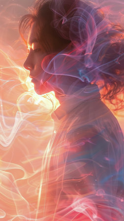 A person standing in front of a crackling fire, warming themselves on a chilly evening.の素材