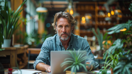 A man sitting at a table with a laptop in front of him, focusing on the screen and typing.の素材