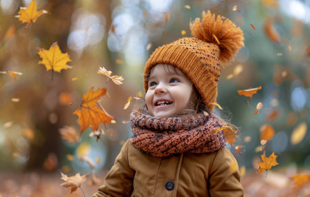 A young girl is standing amidst a pile of autumn leaves, looking curiously at her surroundings.の素材
