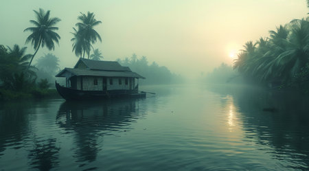 A houseboat floats on the river with palm trees in the background.の素材