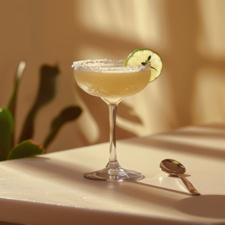 A margarita cocktail placed on a table beside a spoon, ready to be enjoyed.の素材