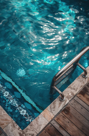 An abandoned swimming pool with concrete steps leading up, devoid of water or any activity.の素材