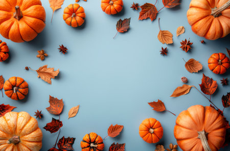 Orange pumpkins and leaves on a blue background.の素材