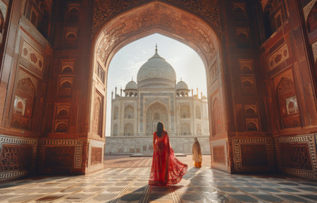 A woman in a striking red dress stands confidently in an archway, exuding elegance and grace.の素材
