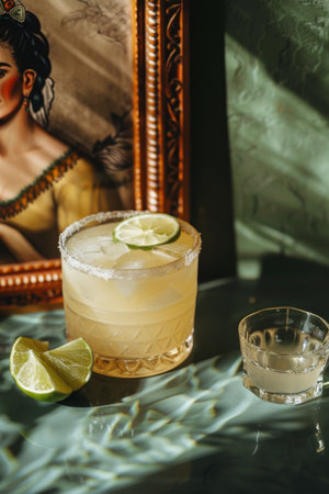 A woman is standing in front of a large painting.の素材