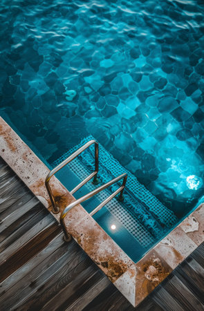 An abandoned swimming pool with concrete steps leading up, devoid of water or any activity.の素材