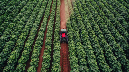 A small green plant is actively growing in dark, rich dirt, showing early stages of development.の素材