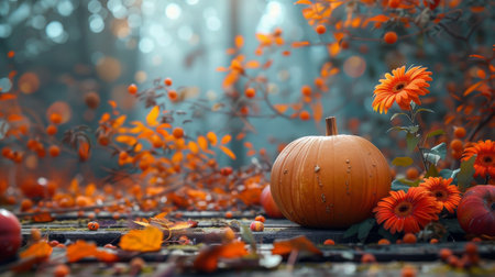 An orange pumpkin is surrounded by colorful fall leaves and blooming flowers in a seasonal outdoor setting.の素材