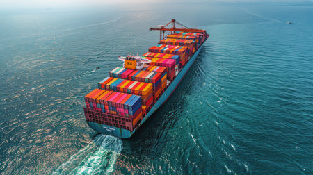 A massive container ship sails through the vast ocean, transporting goods to distant destinations.の素材