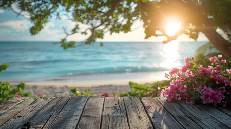 A field of colorful flowers under the bright sun in the background.の素材
