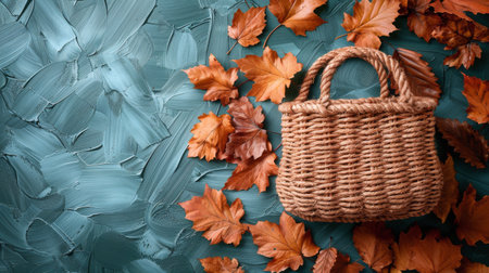 A wicker basket sits on top of a blue surface.の素材