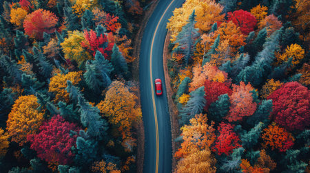 A car is driving down a road surrounded by trees, with lush green foliage creating a natural tunnel effect.の素材
