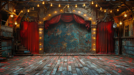 An empty room featuring a striking red, white, and blue wall.の素材