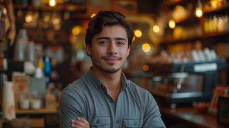 A man standing confidently in front of a bar, with a bustling city street in the background.の素材