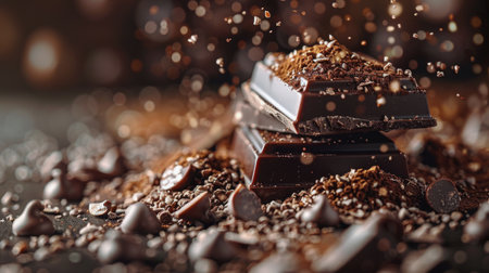 A silver spoon rests on top of a rich, dark chocolate bar.の素材