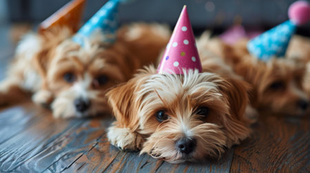 Group of small dogs joyfully wearing colorful party hats, standing together in a room, looking playful and festive.の素材