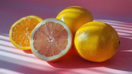 Three oranges cut in half resting on a pink surface.の素材