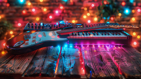 A room filled with various musical instruments such as guitars, drums, and keyboards, illuminated by neon lights in vibrant colors.の素材