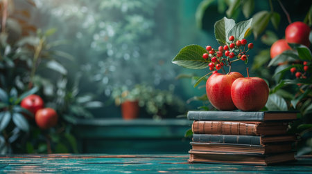 A stack of books placed on a vibrant green field under the clear blue sky.の素材