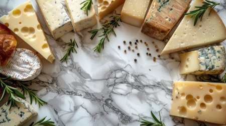 Various types of cheese are laid out on a table, showing a variety of flavors and textures.の素材