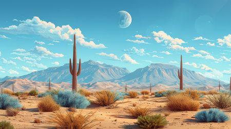 A painting depicting a desert landscape with a prominent moon hanging in the night sky, casting a soft glow over the barren terrain below.の素材