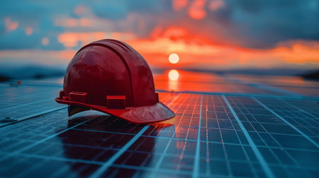 A yellow hard hat is placed on top of a tiled floor, symbolizing safety in construction work.の素材