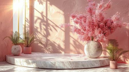 Three vases with pink flowers placed on a marble platform.の素材