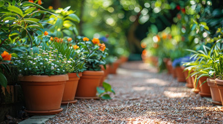 A straight row of potted plants lining the edge of a concrete sidewalk.の素材
