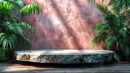 Three vases with pink flowers placed on a marble platform.の素材