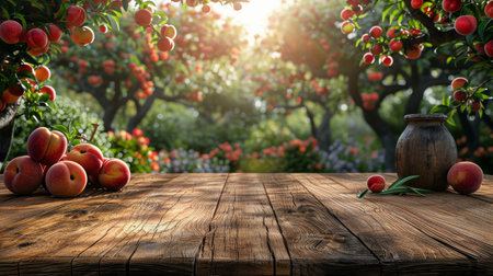 A wooden table piled high with vibrant red and green apples, creating a bountiful and colorful display.の素材