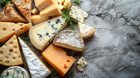 Various types of cheeses displayed on a sleek marble surface, showing a selection of textures, colors, and flavors.の素材