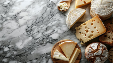 Various types of cheeses displayed on a sleek marble surface, showing a selection of textures, colors, and flavors.の素材