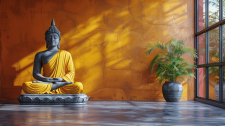 A Buddha statue sitting in front of a window, bathed in natural light.の素材