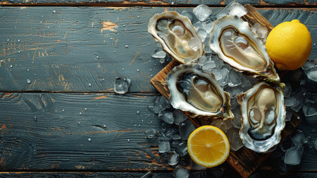 Three fresh oysters rest on a bed of ice, garnished with lemon slices and mint leaves.の素材